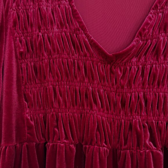 Umgee BURGUNDY Dark Red L Velvet Smocked Ruching Blouse - Picture 4 of 10